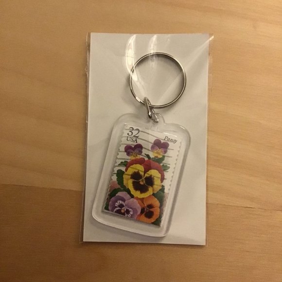 Pansy Postage Stamp Keychain Recycled Vintage USA Gift - Picture 3 of 8